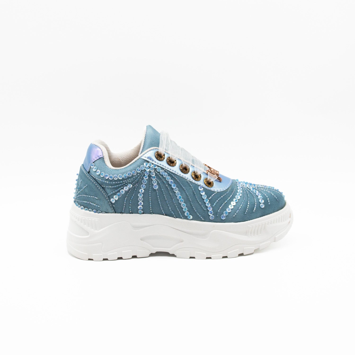 The Sofia Luxury Dusky Blue Satin Handmade Embellished Trainers | RETTROSE |