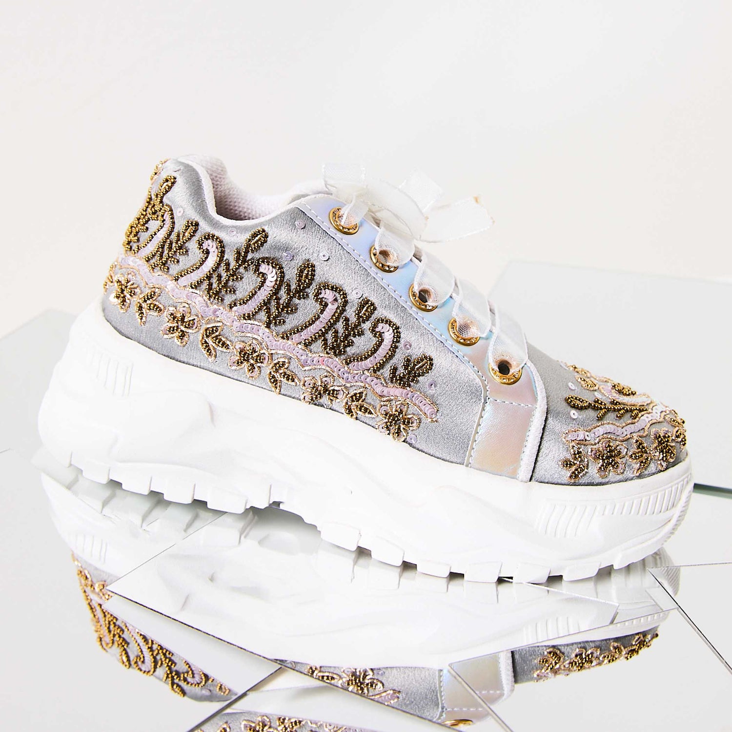 The Petra Luxury Silver Satin Hand Embellished Sneaker | RETTROSE |