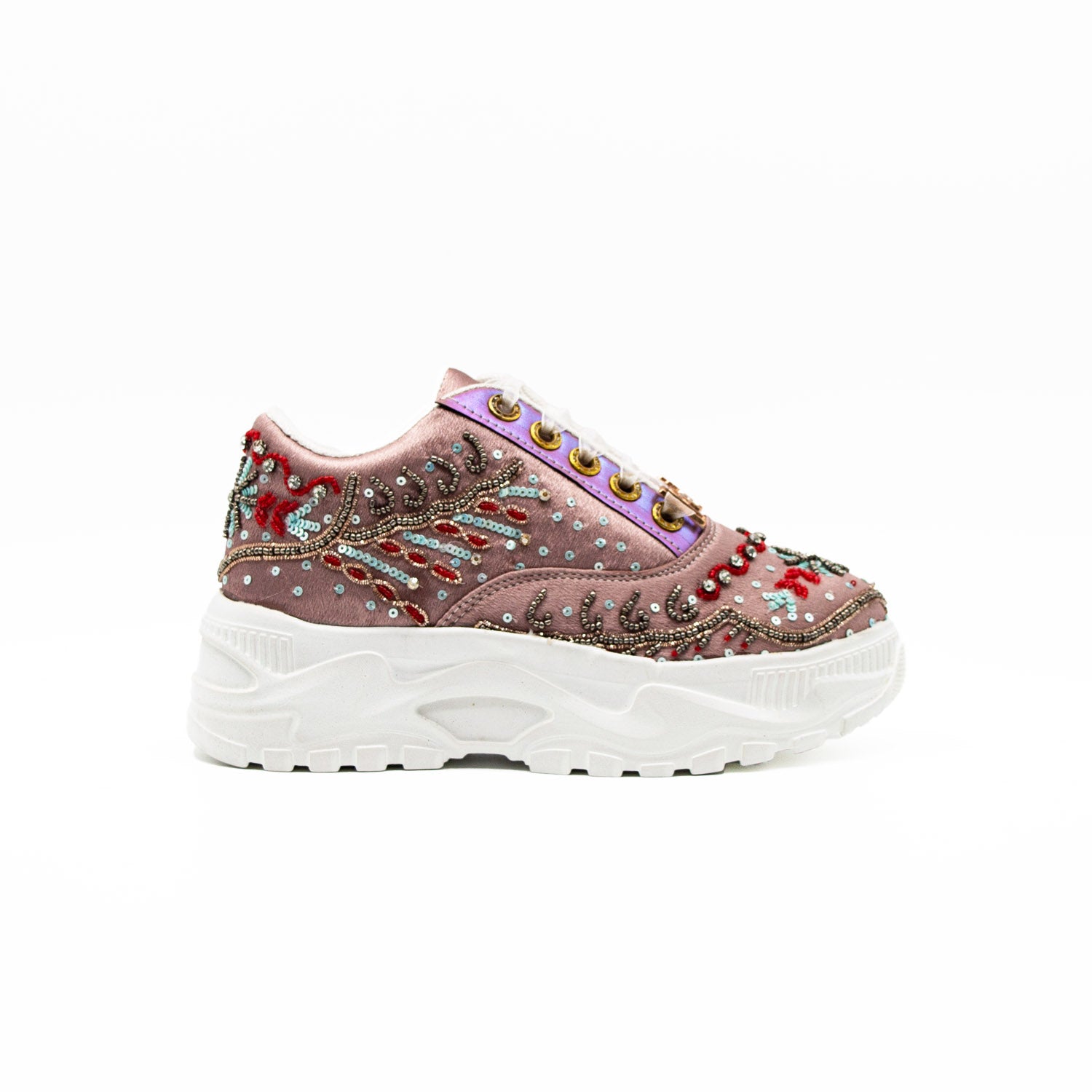 The Savannah Luxury Mauve Satin Handmade Embellished Trainers | RETTROSE |