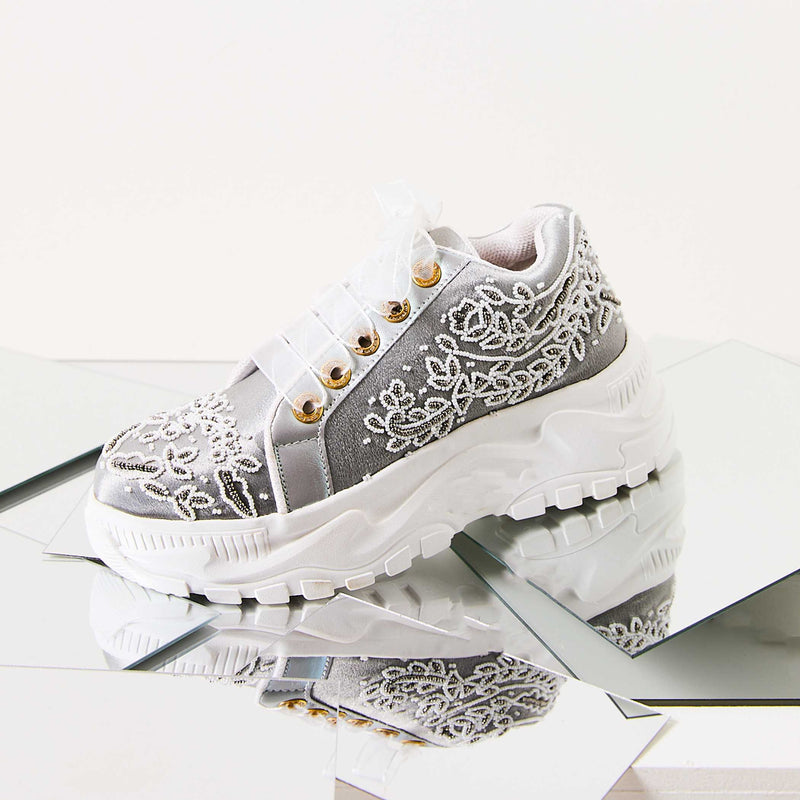 The Iska Luxury Silver Satin Hand Embellished Sneaker | RETTROSE |