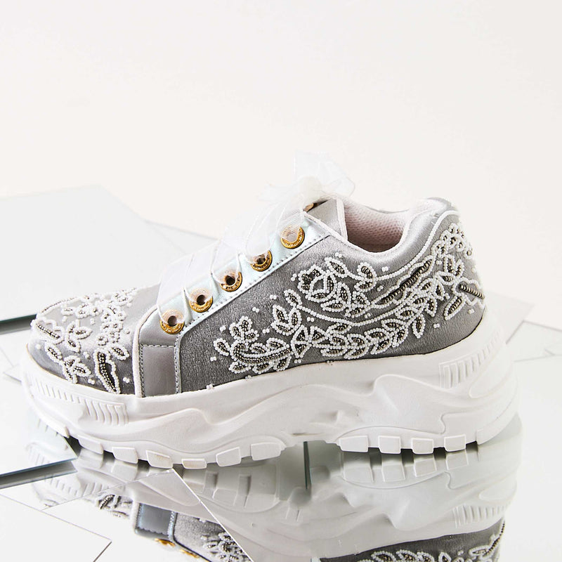 The Iska Luxury Silver Satin Hand Embellished Sneaker | RETTROSE |