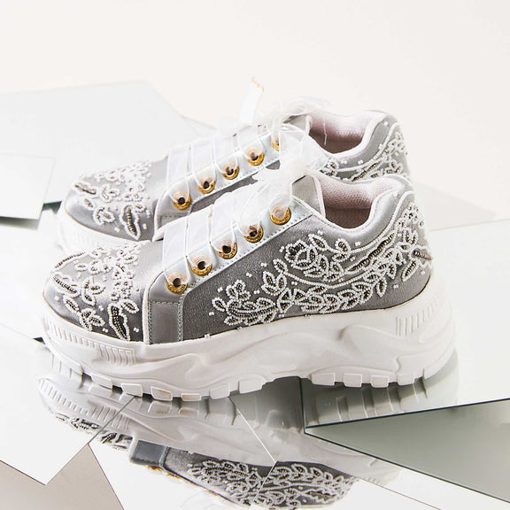 The Iska Luxury Silver Satin Hand Embellished Sneaker | RETTROSE |