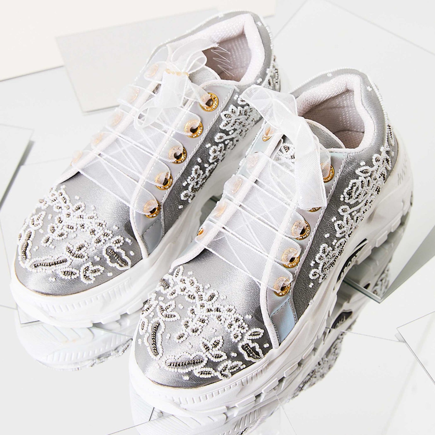 The Iska Luxury Silver Satin Hand Embellished Sneaker | RETTROSE |