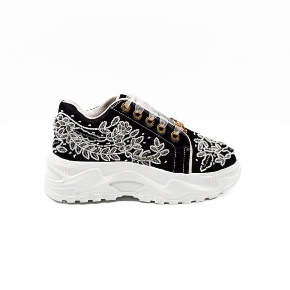 The Iska Luxury Black Satin Handmade Embellished Trainers | RETTROSE |