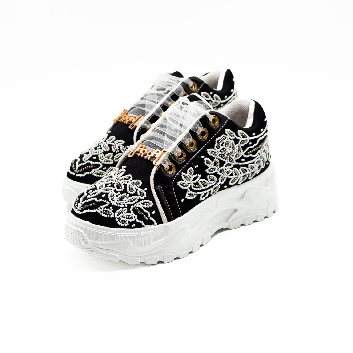 The Iska Luxury Black Satin Handmade Embellished Trainers | RETTROSE |