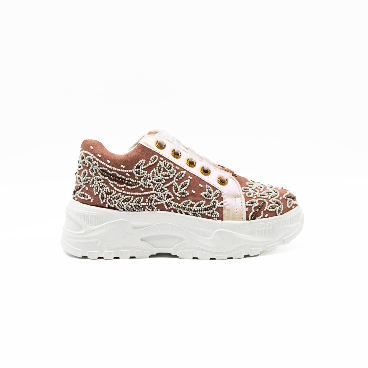 The Iska Luxury Soft Pink Suede Handmade Embellished Trainers | RETTROSE |