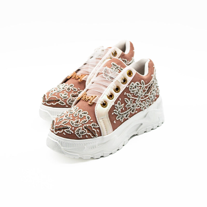 The Iska Luxury Soft Pink Suede Handmade Embellished Trainers | RETTROSE |