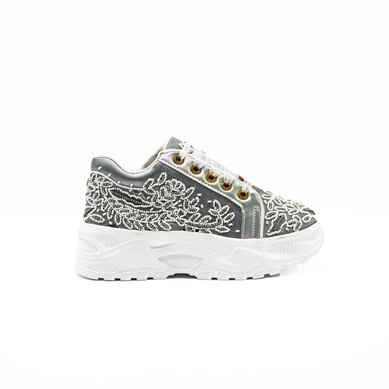 The Iska Luxury Silver Satin Handmade Embellished Trainers | RETTROSE |