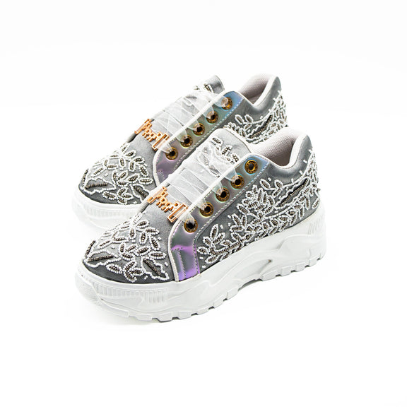 The Iska Luxury Silver Satin Handmade Embellished Trainers | RETTROSE |