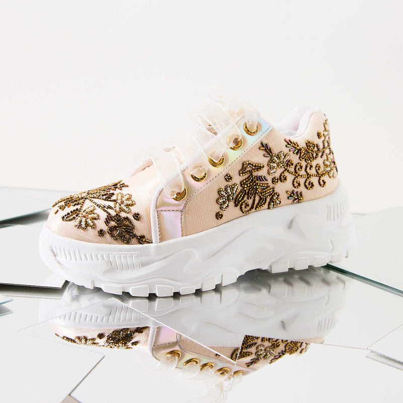 The Diana Luxury Buttermilk Satin Hand Embellished Sneaker | RETTROSE |