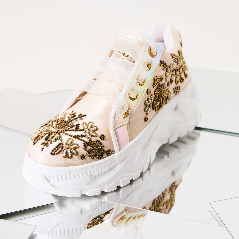 The Diana Luxury Buttermilk Satin Hand Embellished Sneaker | RETTROSE |