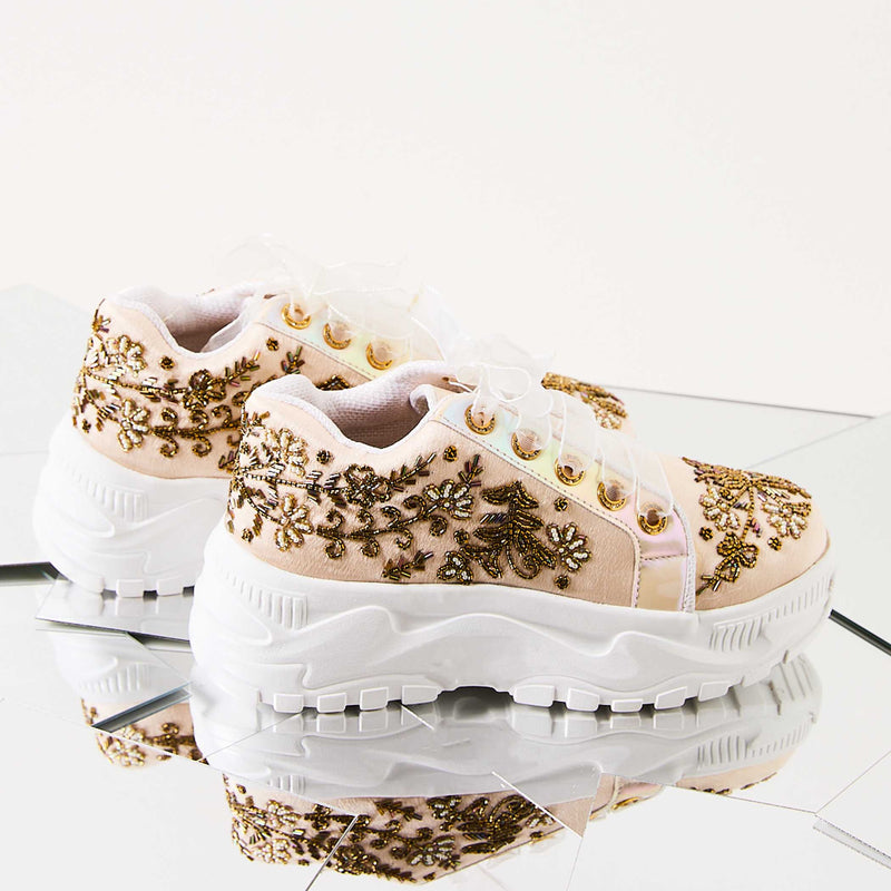 The Diana Luxury Buttermilk Satin Hand Embellished Sneaker | RETTROSE |