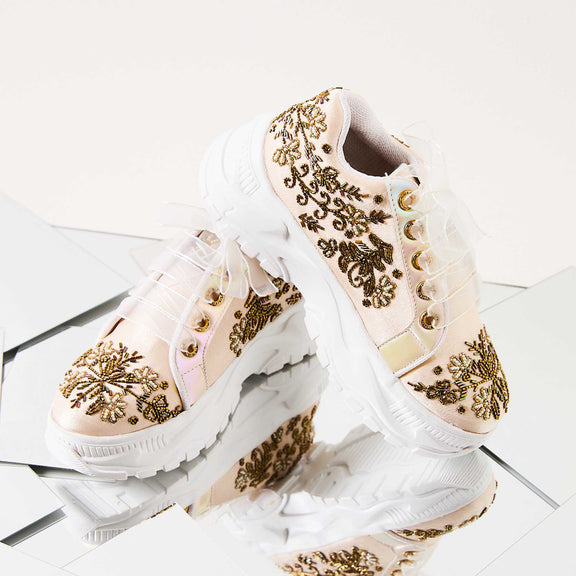 The Diana Luxury Buttermilk Satin Hand Embellished Sneaker | RETTROSE |