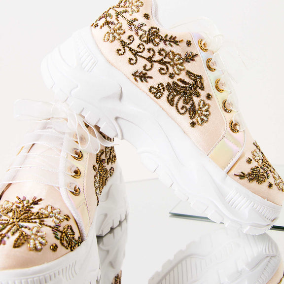 The Diana Luxury Buttermilk Satin Hand Embellished Sneaker | RETTROSE |