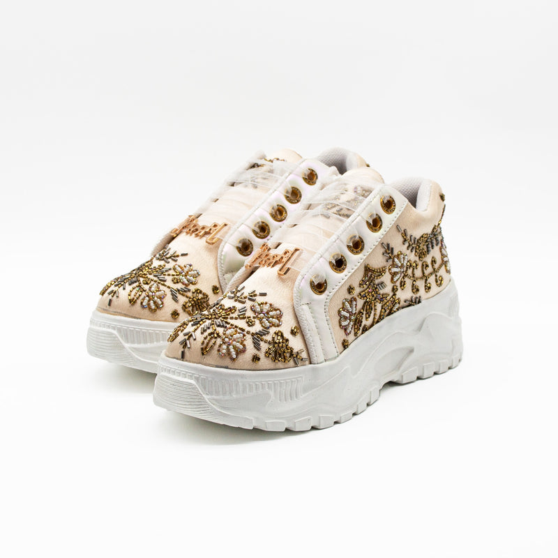 The Diana Luxury Buttermilk Satin Handmade Embellished Trainers - Rettrose