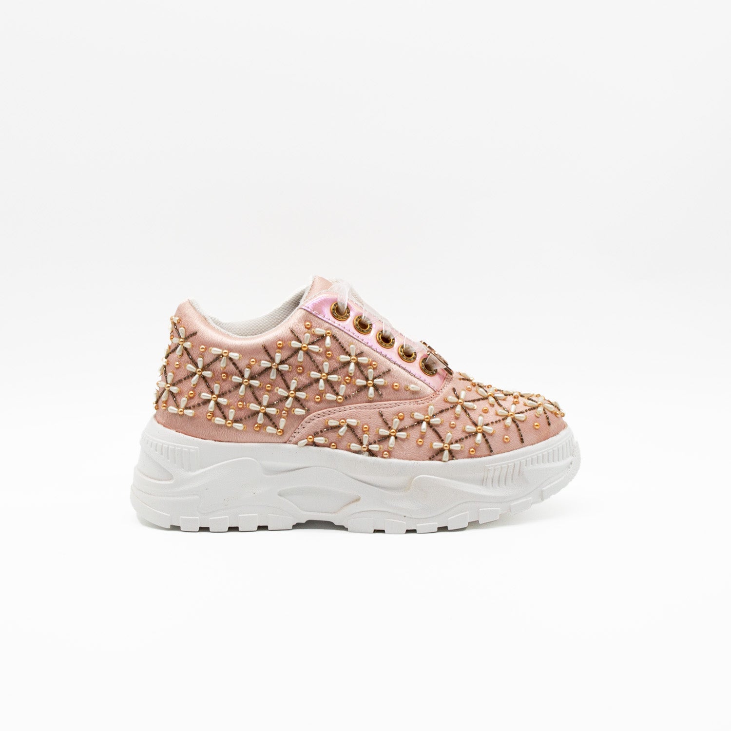 The Harper Luxury Nude Satin Handmade Embellished Trainers | RETTROSE |