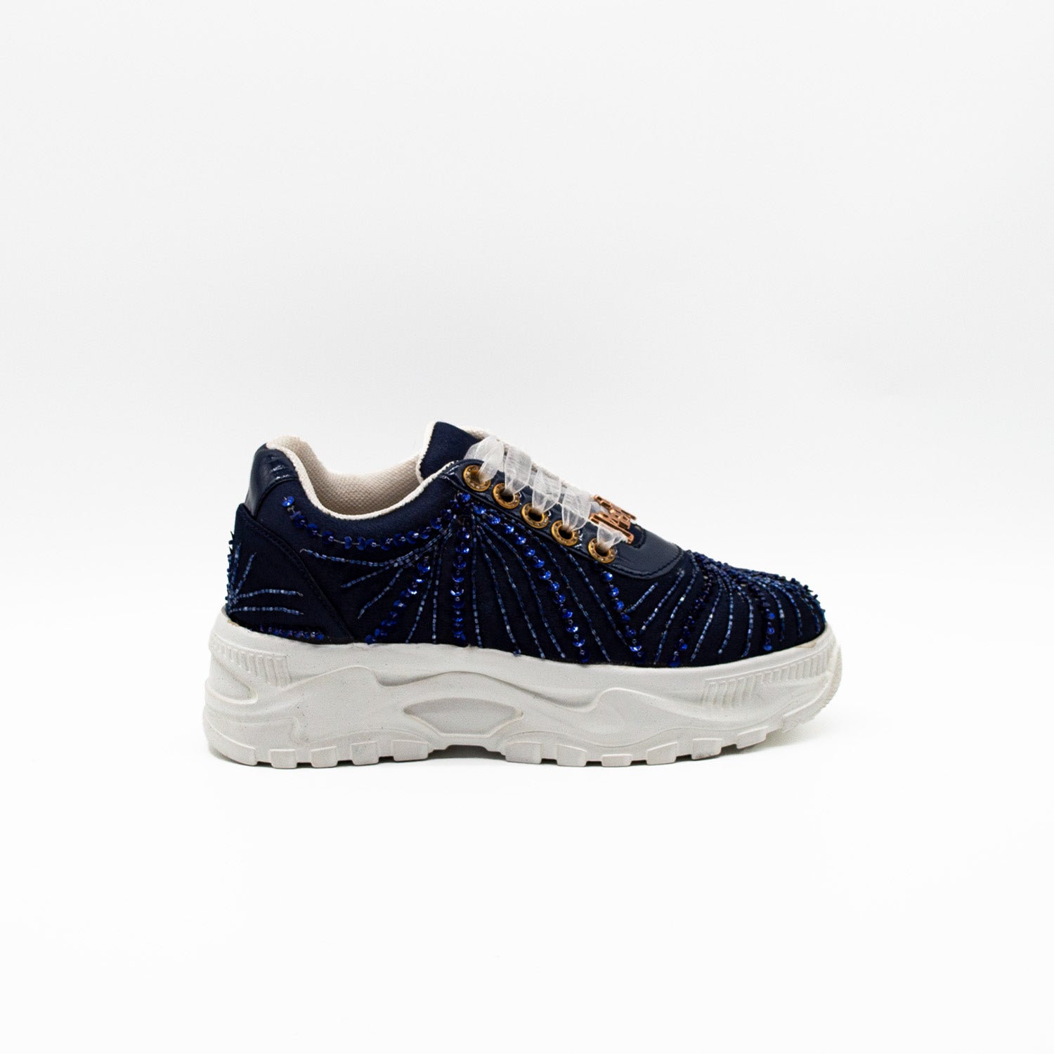 The Sofia Luxury Navy Satin Handmade Embellished Trainers | RETTROSE |