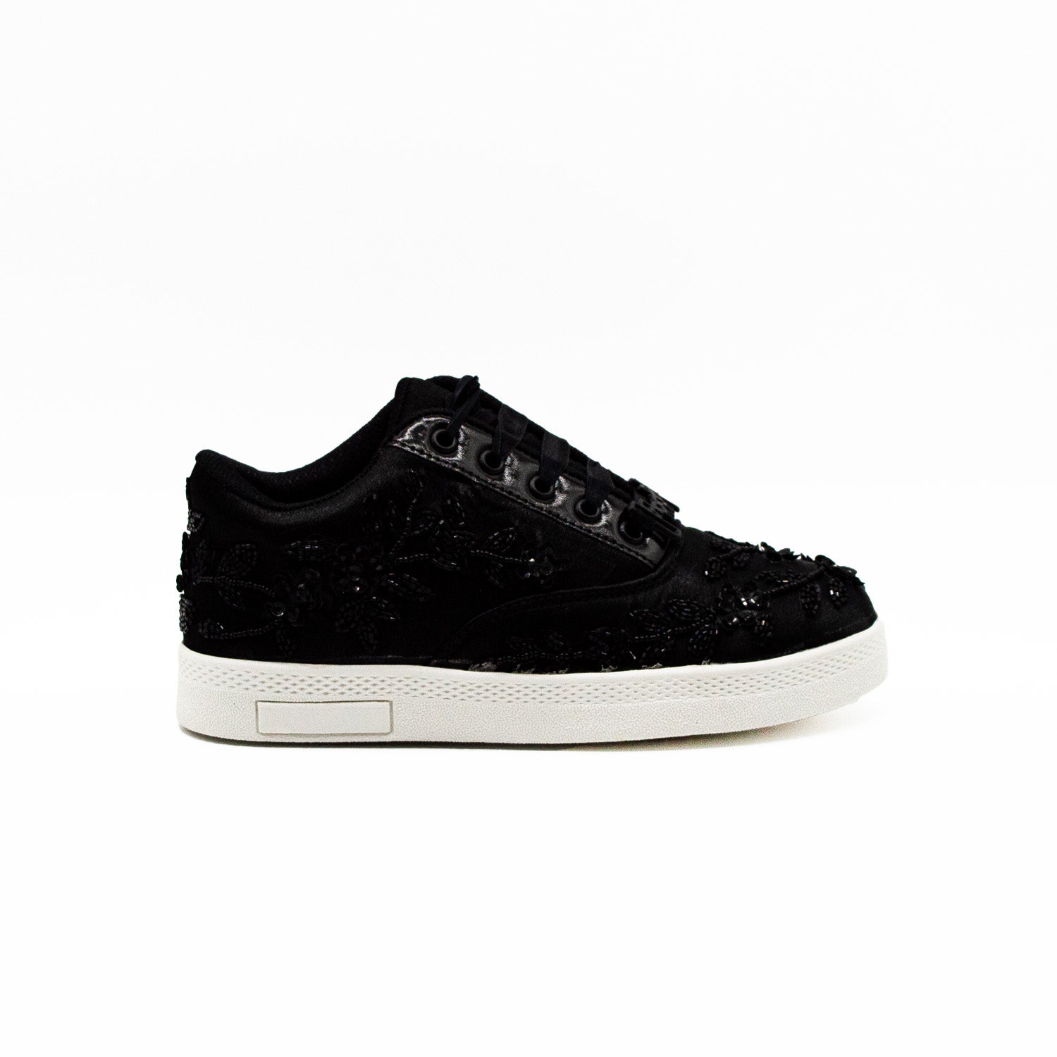 The Natalia Luxury Black Satin Handmade Embellished Tennis Shoe | RETTROSE |