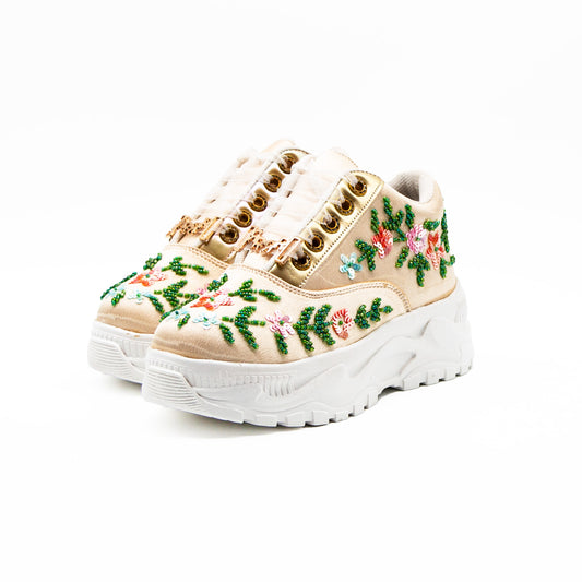 The Ariana Luxury Buttermilk Satin Handmade Embellished Trainers | RETTROSE |