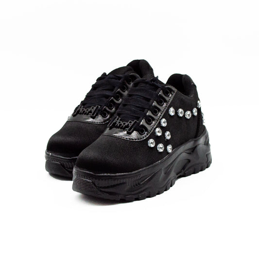 The Adeline Luxury Noir Satin Handmade Embellished Trainers | RETTROSE |