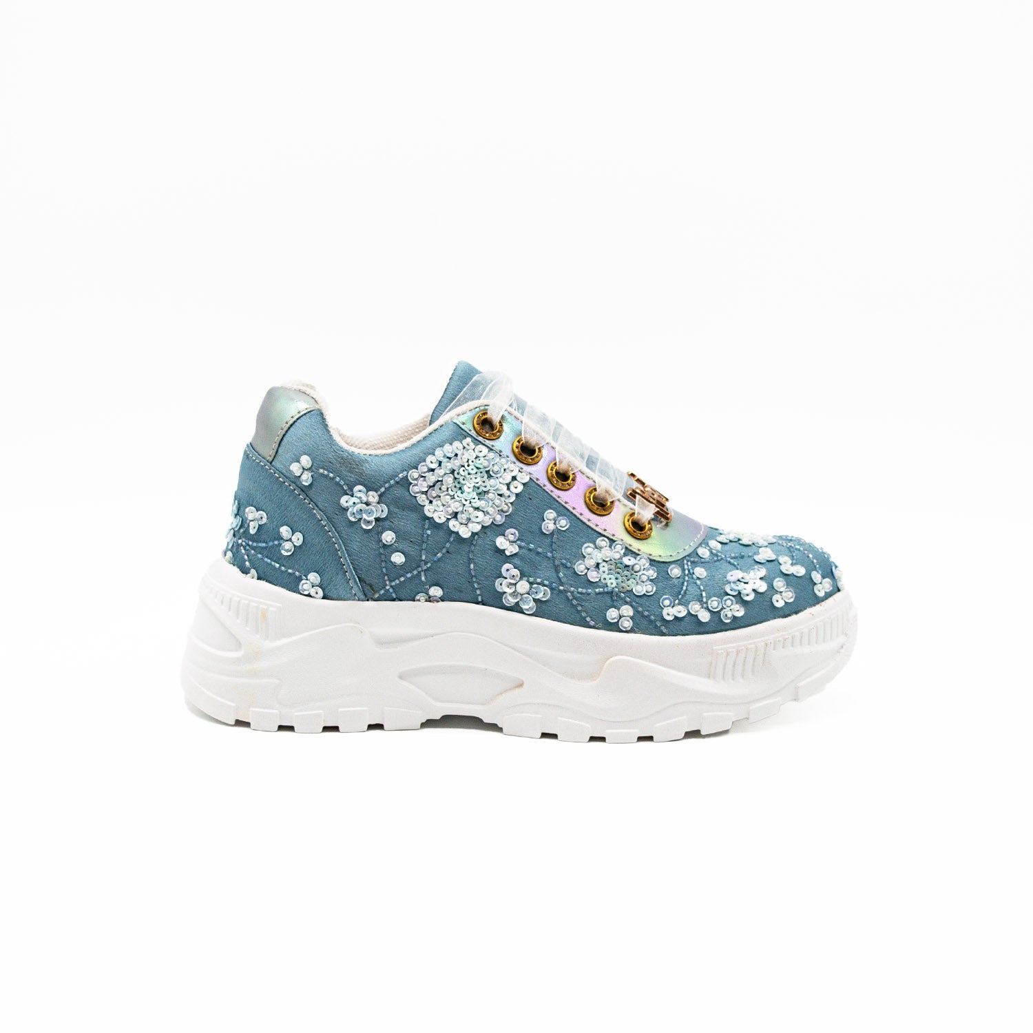 The Maeve Luxury Dusky Blue Satin Handmade Embellished Trainers | RETTROSE |