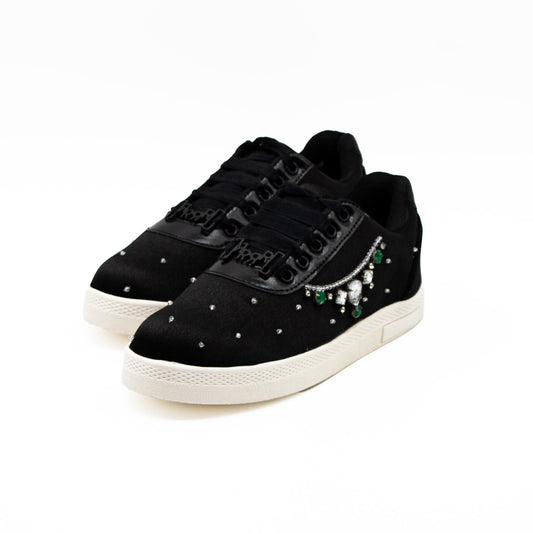 The Alaia Luxury Black Satin Handmade Embellished Tennis Shoe | RETTROSE |