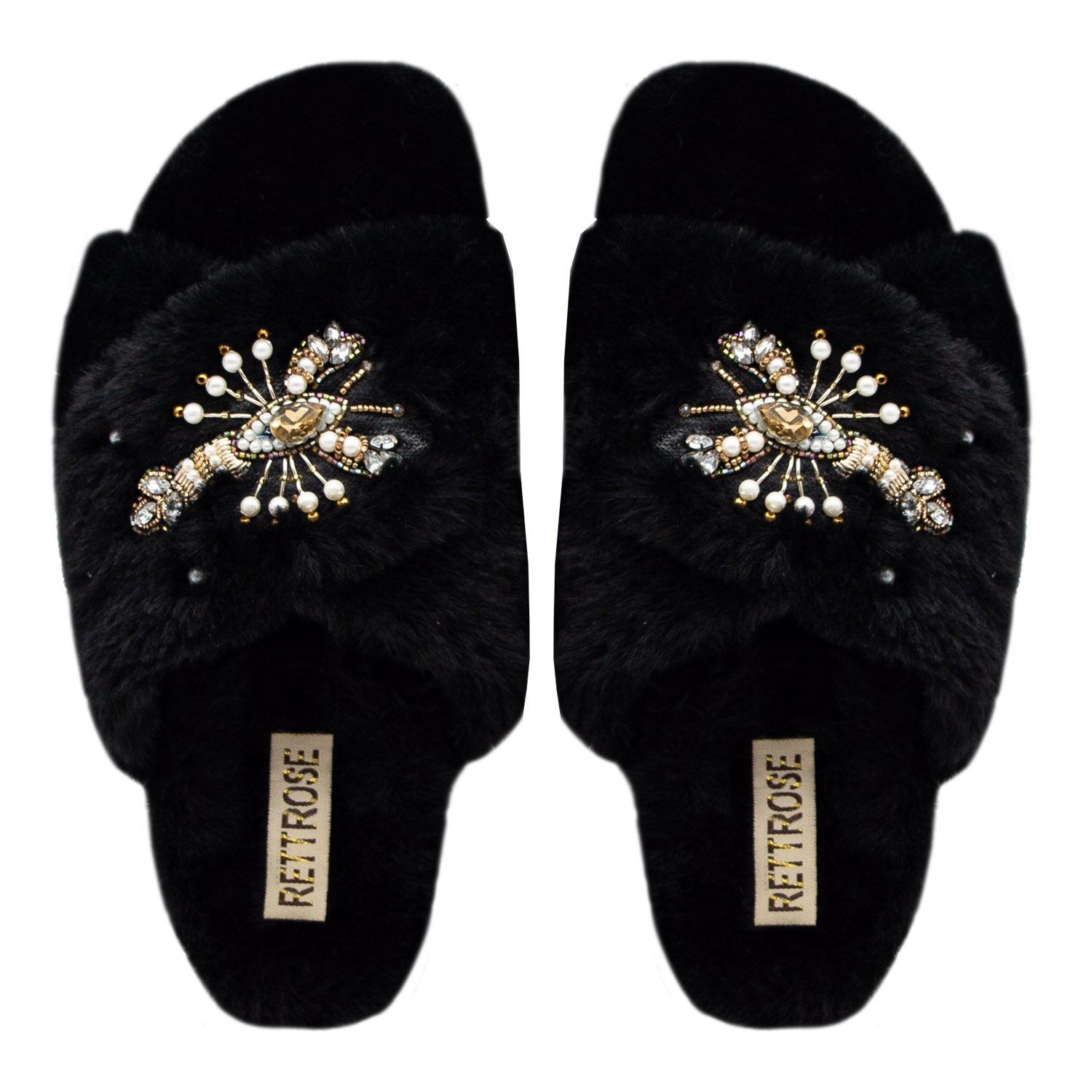 The Anastasia Black Luxury Plush Diamanté Embellished Handmade Slipper | RETTROSE |