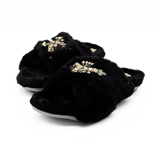 The Anastasia Black Luxury Plush Diamanté Embellished Handmade Slipper | RETTROSE |