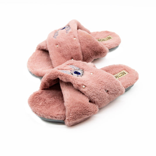 The Amaya Nude Luxury Plush Diamanté Embellished Handmade Slipper | RETTROSE |