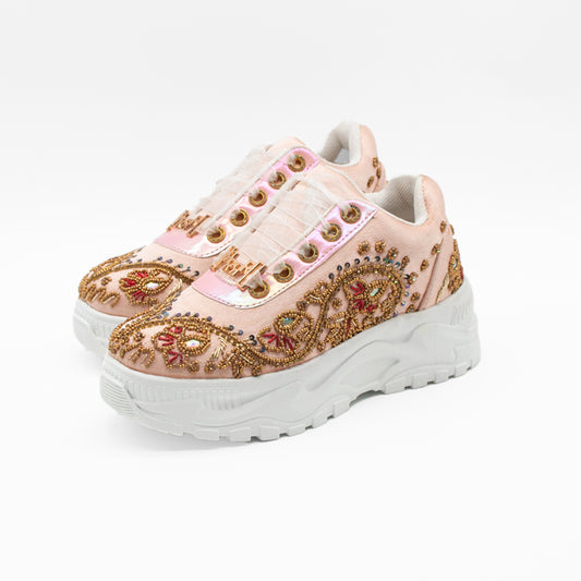 The Aaliyah Luxury Soft Pink Satin Handmade Embellished Trainers | RETTROSE |