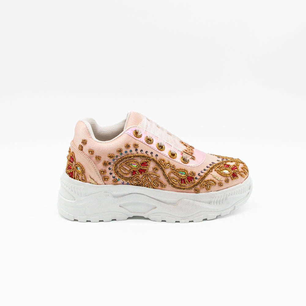 The Aaliyah Luxury Soft Pink Satin Handmade Embellished Trainers | RETTROSE |